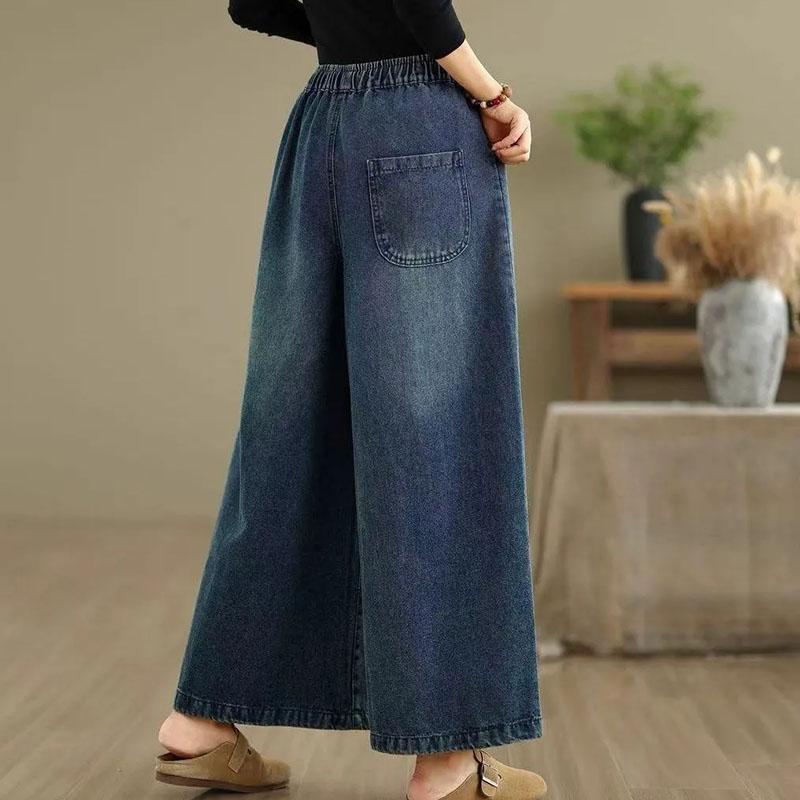 Pants for Women Elastic High Waist Long Trousers Plus Size Thickened Stretchy Solid Colour Versatile Casual Wide Leg Jeans Pants
