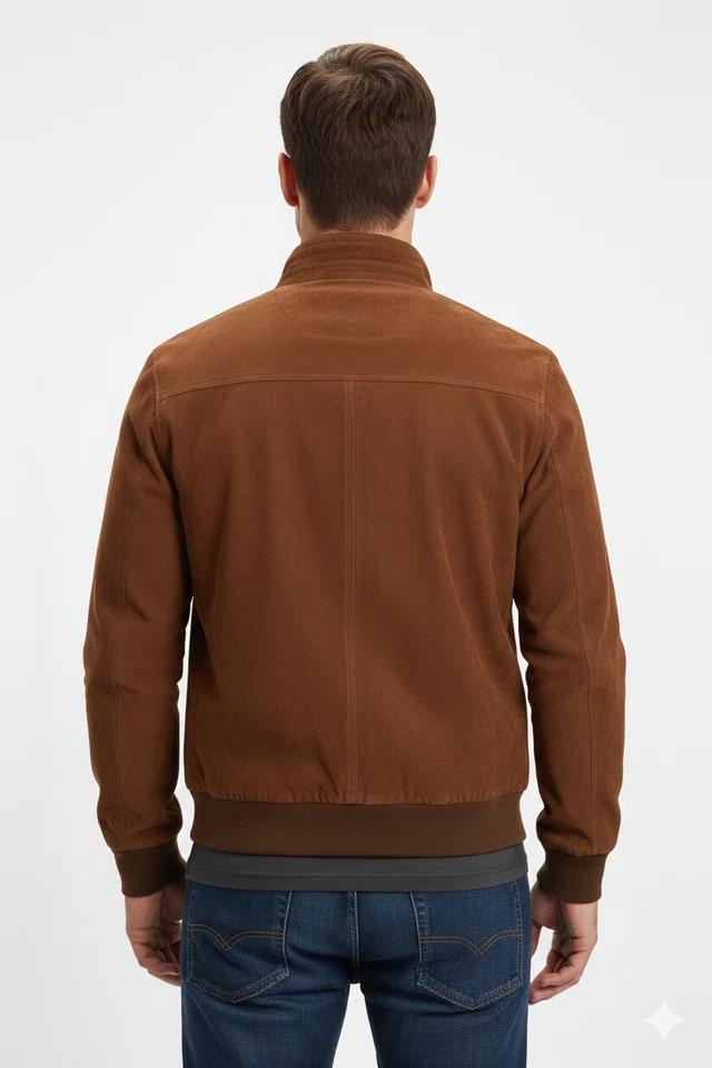 Men's Biker Fit Bomber Pure Lambskin Suede Leather Brown Genuine Jacket Handmade