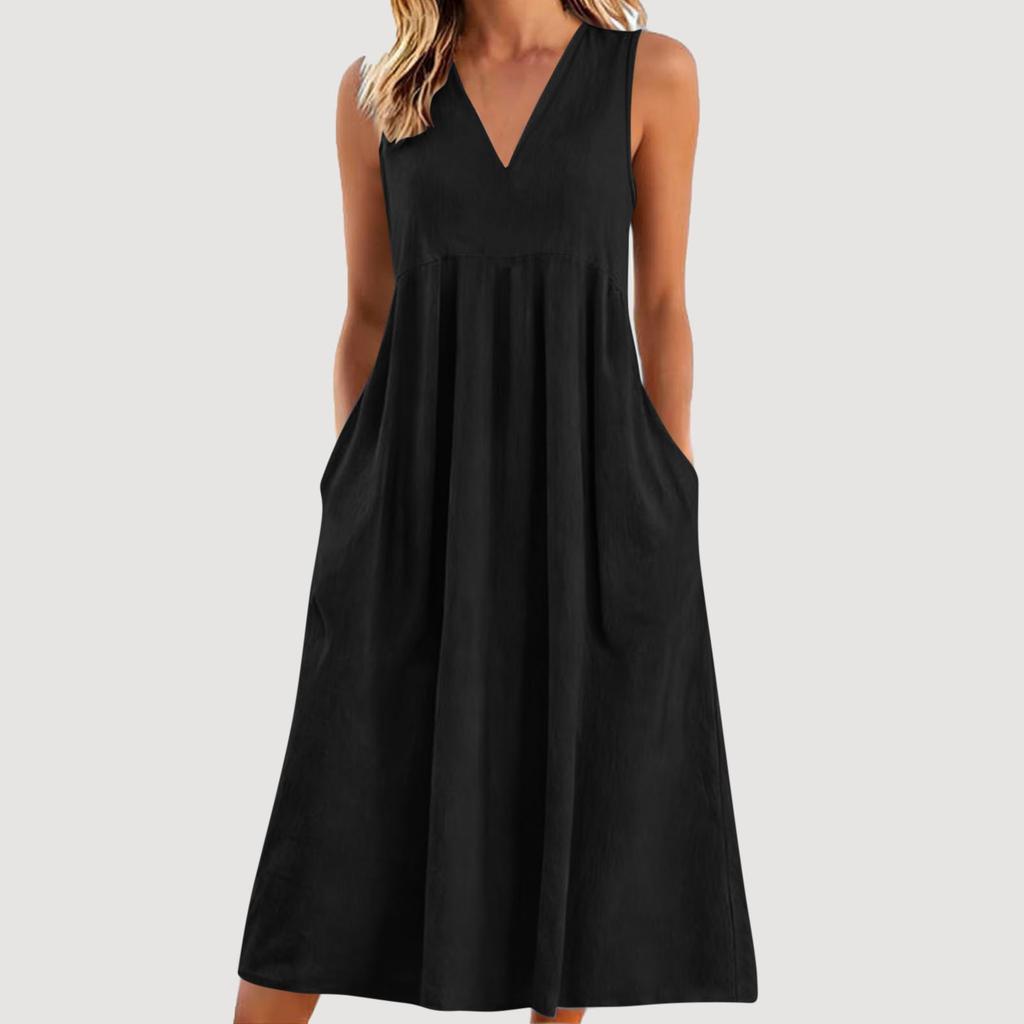 Ladies' Casual Pullover V-neck Sleeveless Cotton And Linen Loose Dress