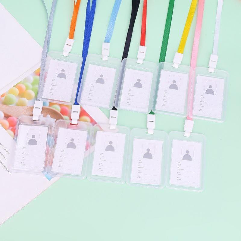 5set Plastic Solid Credit Card Cover Sleeve with Lanyard Office Student Girl Bus ID Card Holder Case Protector for Women Men