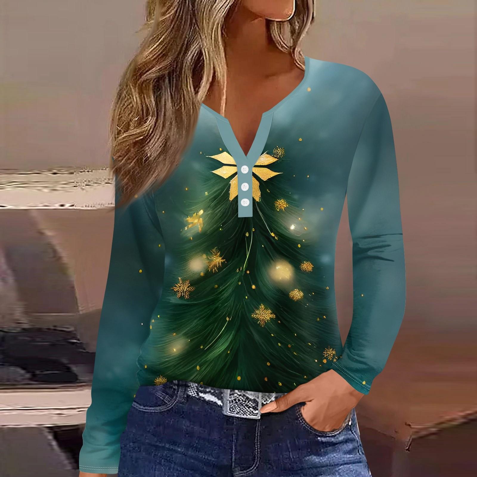

Женская футболка с прямыми плечами и рождественским принтом, длинными рукавами, прямыми плечами и V-образным вырезом на пуговицах XXL циан