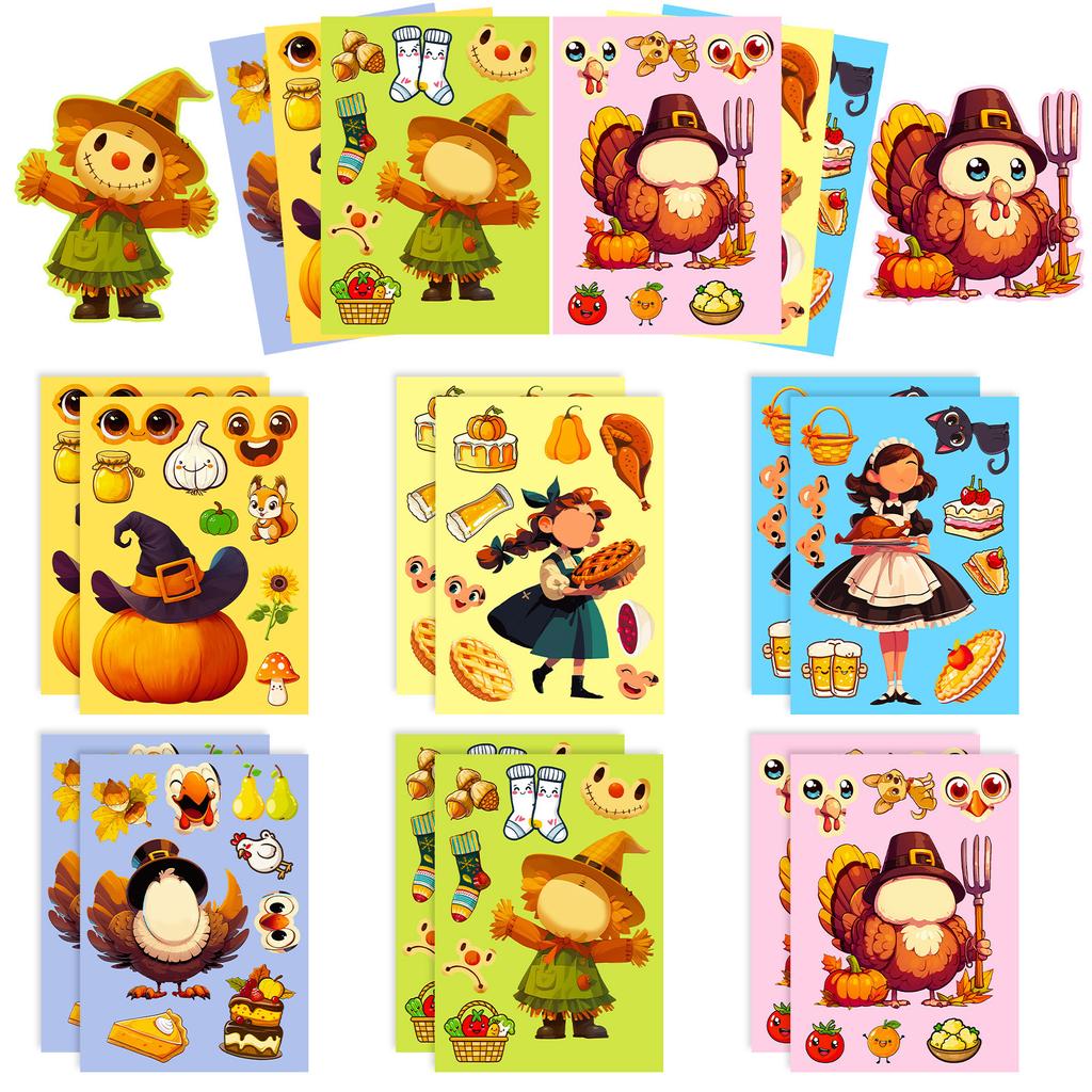 6 Photos/package Thanksgiving DIY Puzzle Face Change Stickers for Children's Educational Toys Pumpkin Turkey Repeat Stickers