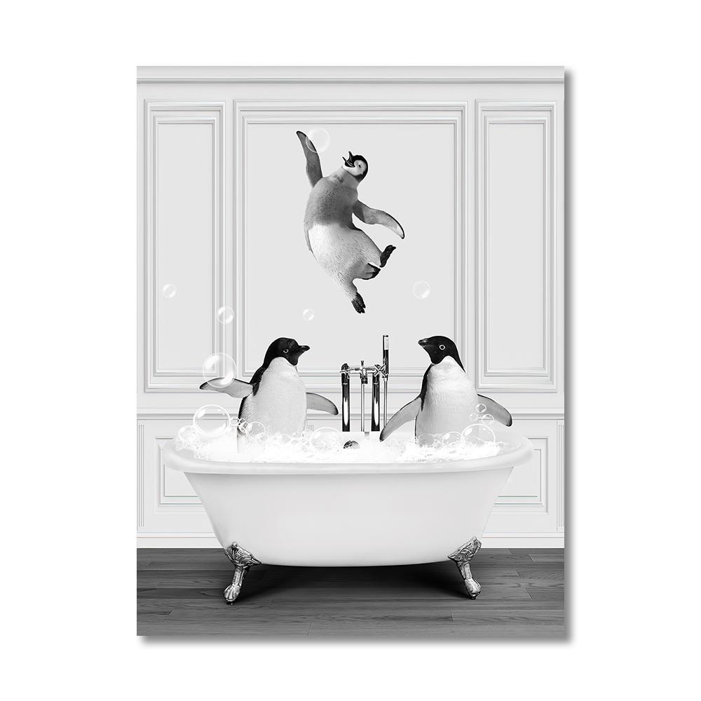 Animais Engraçados Arte de Parede Impressões de Pôster Girafa Banheira Pinguim Elefante Zebra Pintura em Tela Imagem para Quarto de Banho Quarto Decoração de Casa