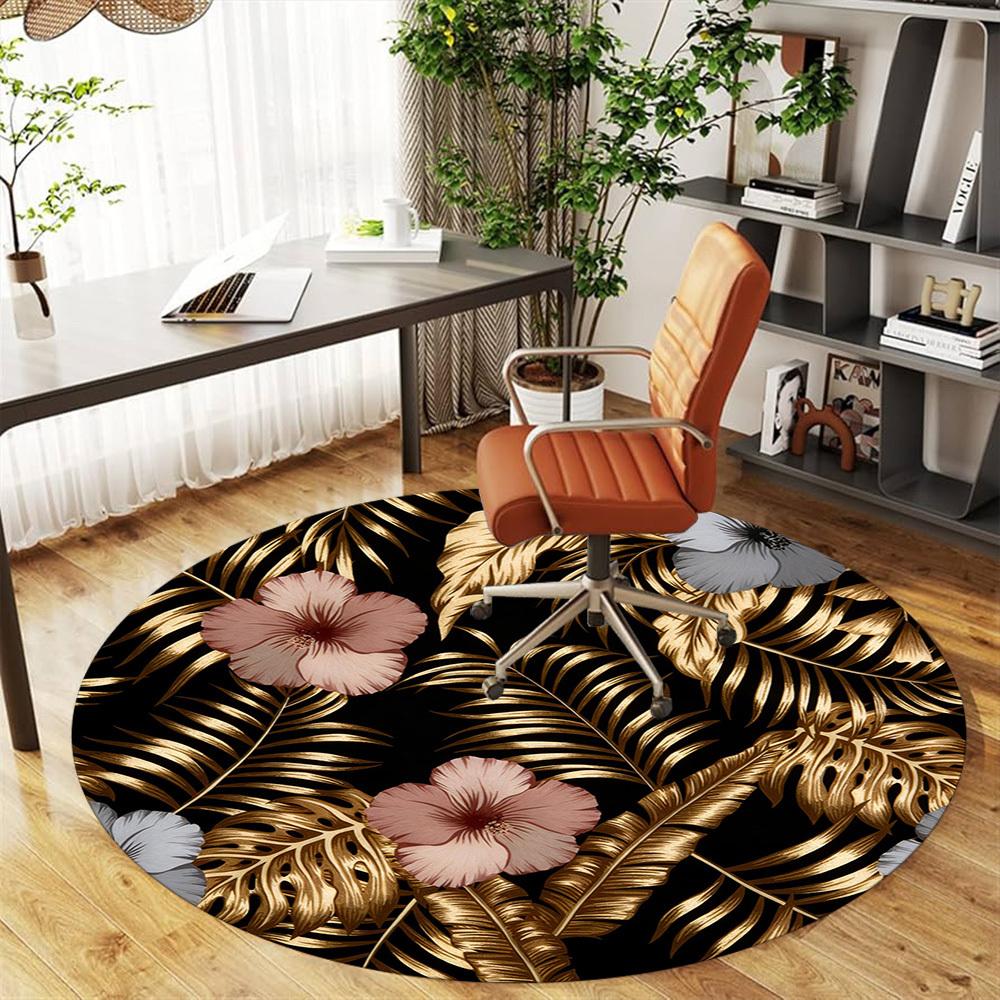 1pc Tropical Leaves Flowers Round Chair Mat Office Area Rug - Non-Slip, Floor Mat for Office, Bedroom, and Indoor Decor P127195