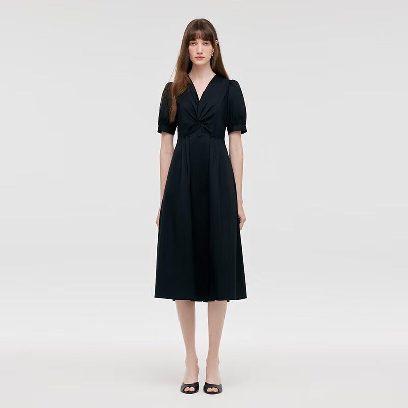 GOELIA Women's V-Neck Knot Cotton A-Line Midi Dress