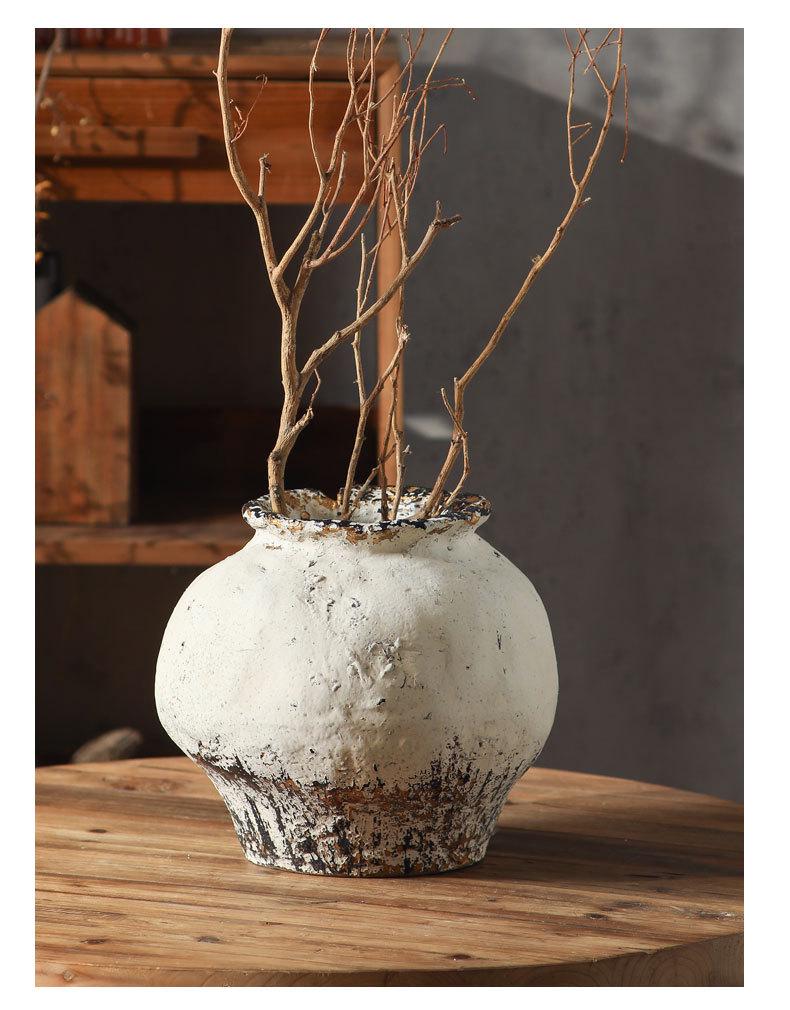 Rustic White Distressed Zen Pottery Jar for Dried Flowers - Chinese Style Vase Ornament for Home or Hotel Decor