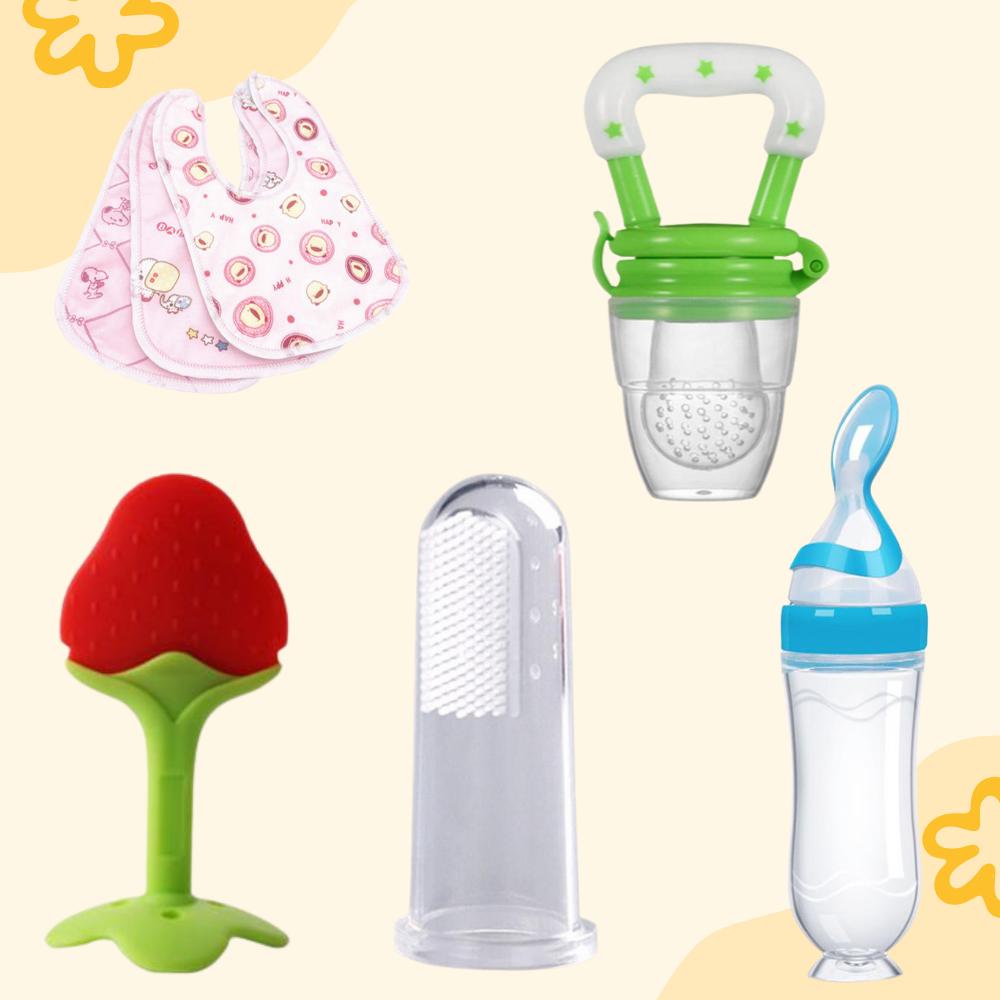 Baby Care Combo – Tree Teether, Spoon Feeder Bottle, Fruit Feeder, Finger Brush & Button Bib Set