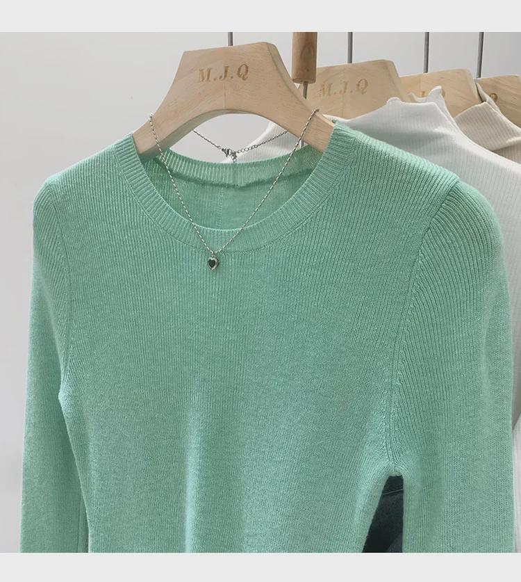 Pulover Tricotat Verde Mentă cu Gât Rotund pentru Femei - Croială Slim, Mânecă Lungă, Top Transparent de Primăvară/Toamnă