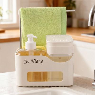 4-in-1 Hand- und Geschirrspülseifenspender-Set Nachfüllbarer Kunststoff Doppelter Seifenspender Lappenhalter mit Schwammhalter Shampooflasche