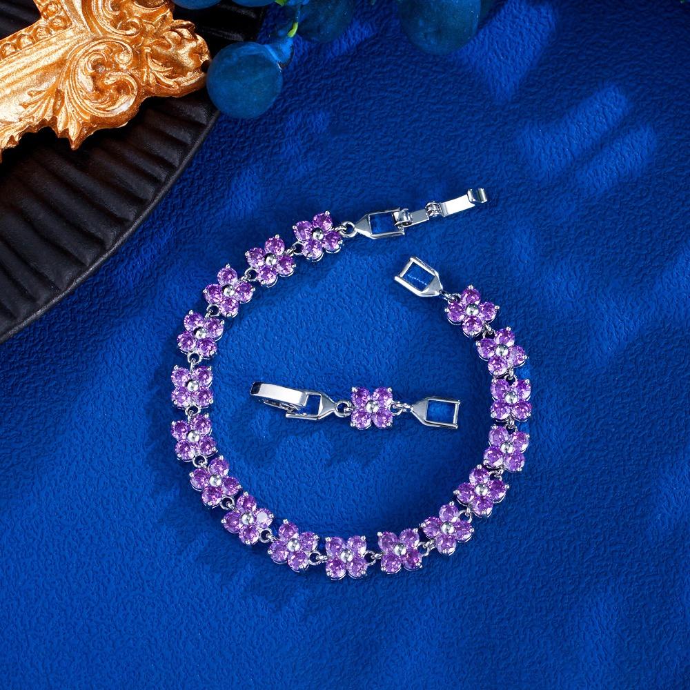 Pera Lovely White Gold Color 4 Leaf Flower Cubic Zirconia Women Fashion Jewelry Tennis Chain Bracelet Bangle with Red Stone B008