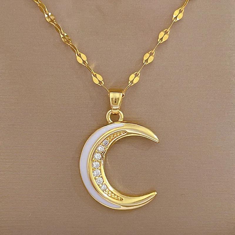 

Stainless Steel Chain Simple White Enamal Zircon Moon Pendant Necklace for Women Fashoin Jewelry Accessories Gifts