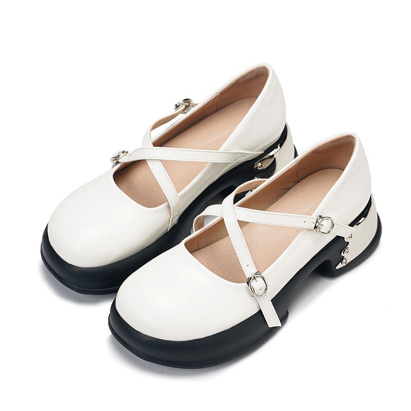 

Spring new round head thick-soled small leather shoes fashionable versatile thick-soled thick-heeled Mary Jane women s shoes 34 абрикосовый