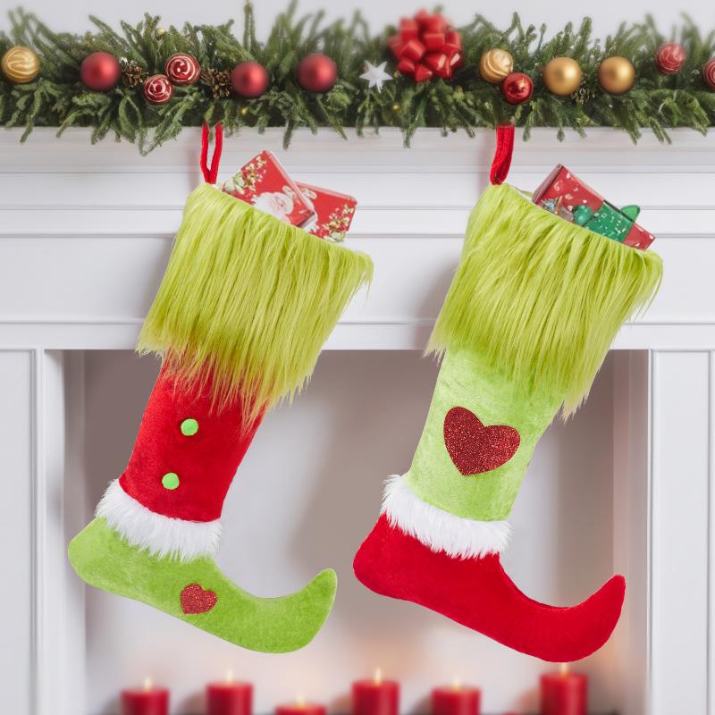 2025 Christmas Socks Long Haired Green Fur Grinch Elements Christmas Socks Candy Bag Christmas Pendant Gift Bag