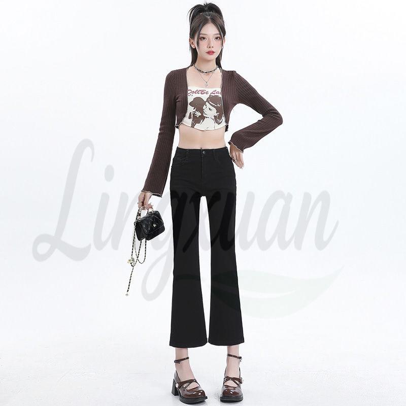 Women s High-Waisted Black-Grey Micro-Flare Cropped Jeans, Stretchy & Slimming, 2026 Spring Arrival for Petite Sizes 30