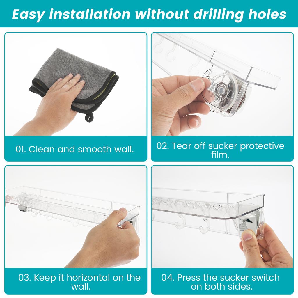 Suction Cup Bathroom Shelf No Drilling Shower Caddy Clear with 4 Hooks No Drilling Wall Shampoo Conditioner Soap Organizer