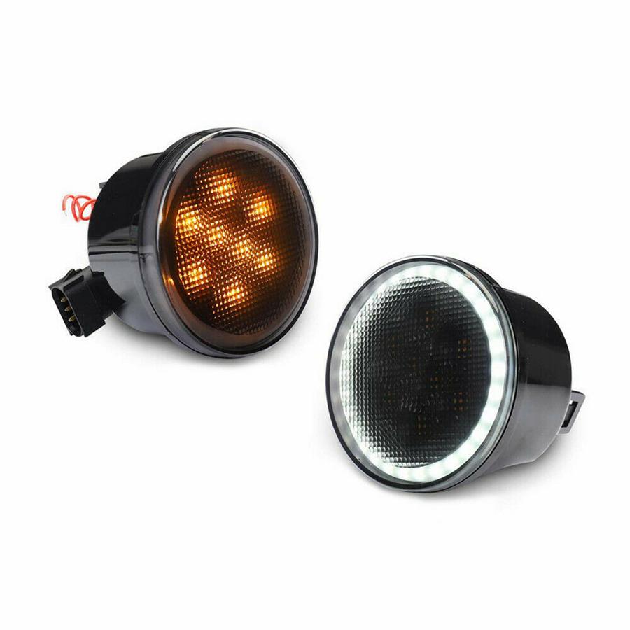Pair LED Amber Grill Turn Signal Light for Jeep Wrangler JK 07-18 Halo Ring Angel Eye DRL Smoke Lens