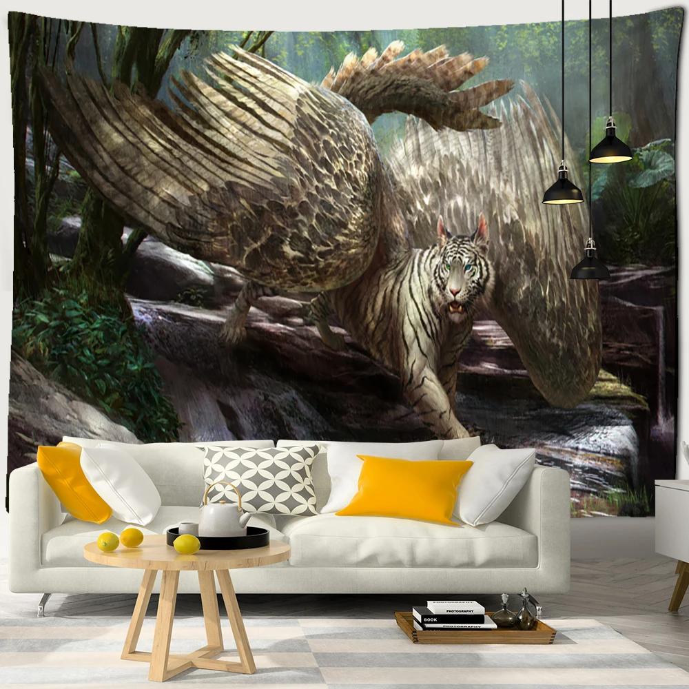 Mysterious Forest Tapestry Wall Hanging Flowers Jungle Animals Moon Ocean Landscape Illustration Room Home Decor