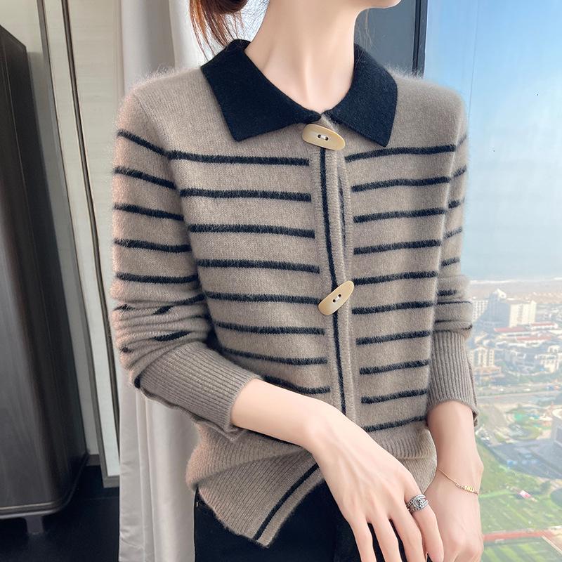 Women's Striped Cashmere Knit Cardigan with Polo Collar - Long Sleeve, Loose Fit, Warm Sweater Coat