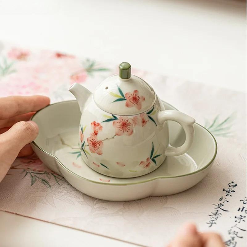 Hand Painted Peach Blossom Teapot Ceramic Single Pot Tea Kettle Tea Making Pot Tools Teas Tray Teas Infuser Teaware Sets