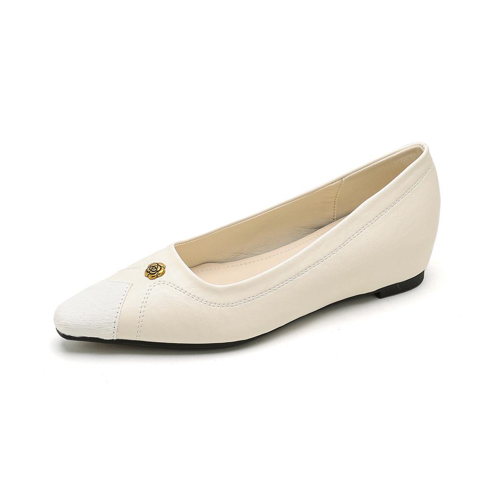 Woman Flat Shoes Fashion Pointed Toe Elegant Metal Flower Decoration Slipon Shallow Shoes Comfortable Soft Height Increase Flats