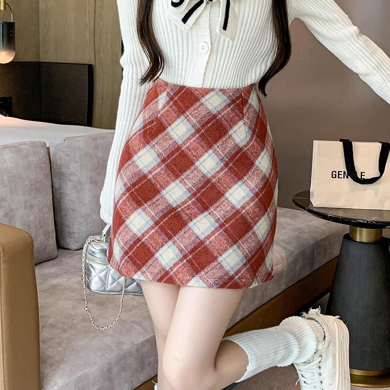 Women's Red Plaid Wool Midi Skirt: Spring Autumn Winter 2024, Slimming High Waist, A-line Bodycon Mini