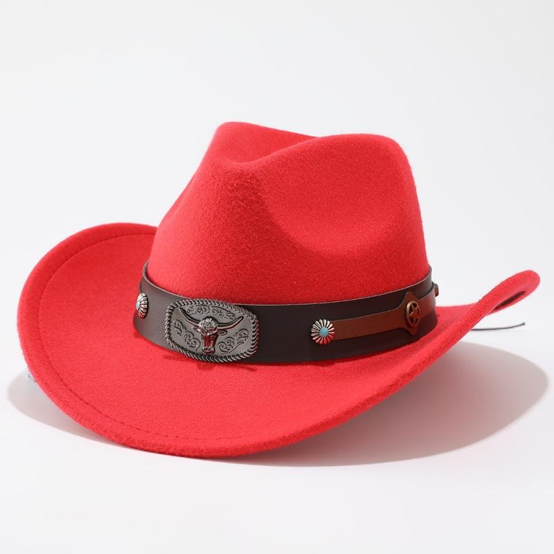 Western New Belt Minority Style Jazz Hat Men's and Women's Cowboy Hat Big Eaves Hat Woolen Top Hat