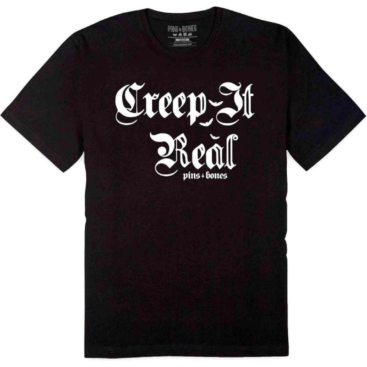Pins & Bones Creep it Real, Goth Inspired, Black Mens Gothic T Shirt (L) S
