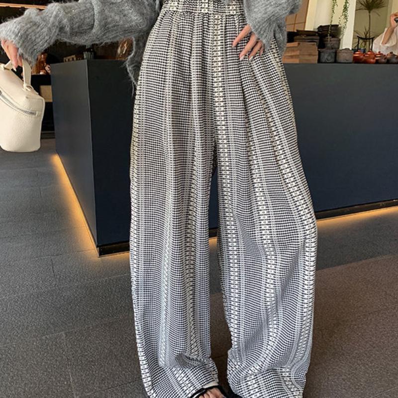 Designer Fall Retro Embroidered Plaid High-Waisted Wide-Leg Drapey Casual Pants for Women - Floor-Length