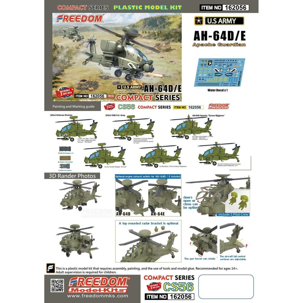 Freedom Model Kits Compact Series US AH-64D/E Apache Guardian Attack Helicopter Non-Scale Plastic Model Kit FRE162056