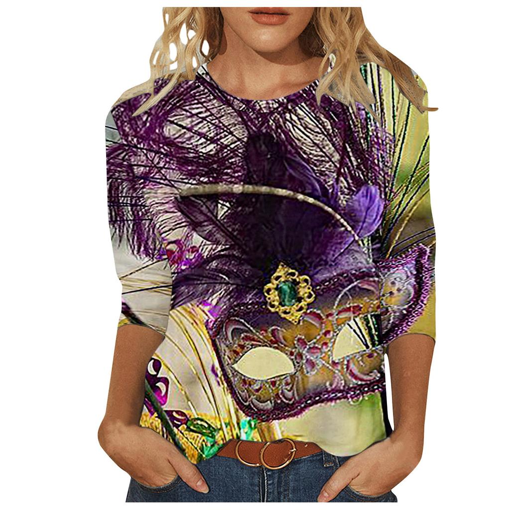 Long Sleeved Glamorous Mask Patterned Top Carnival Themed Printed Women's T-shirts