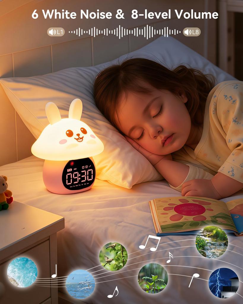 Kids' Sleep Training Alarm Clock with Night Light – [Ok to Wake] Double Alarm, RGB Light, 6 Alarm Sounds & White Noise, Rechargeable, Unisex –