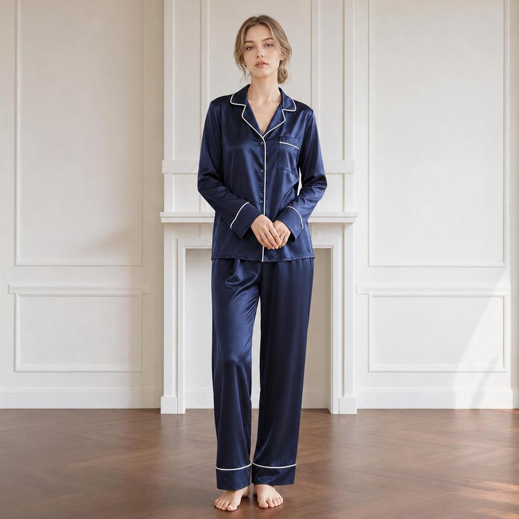 Seidenpyjama-Set mit Schmetterlingsstickerei - Damen Maulbeerseide Zweiteiler für Frühling/Sommer
