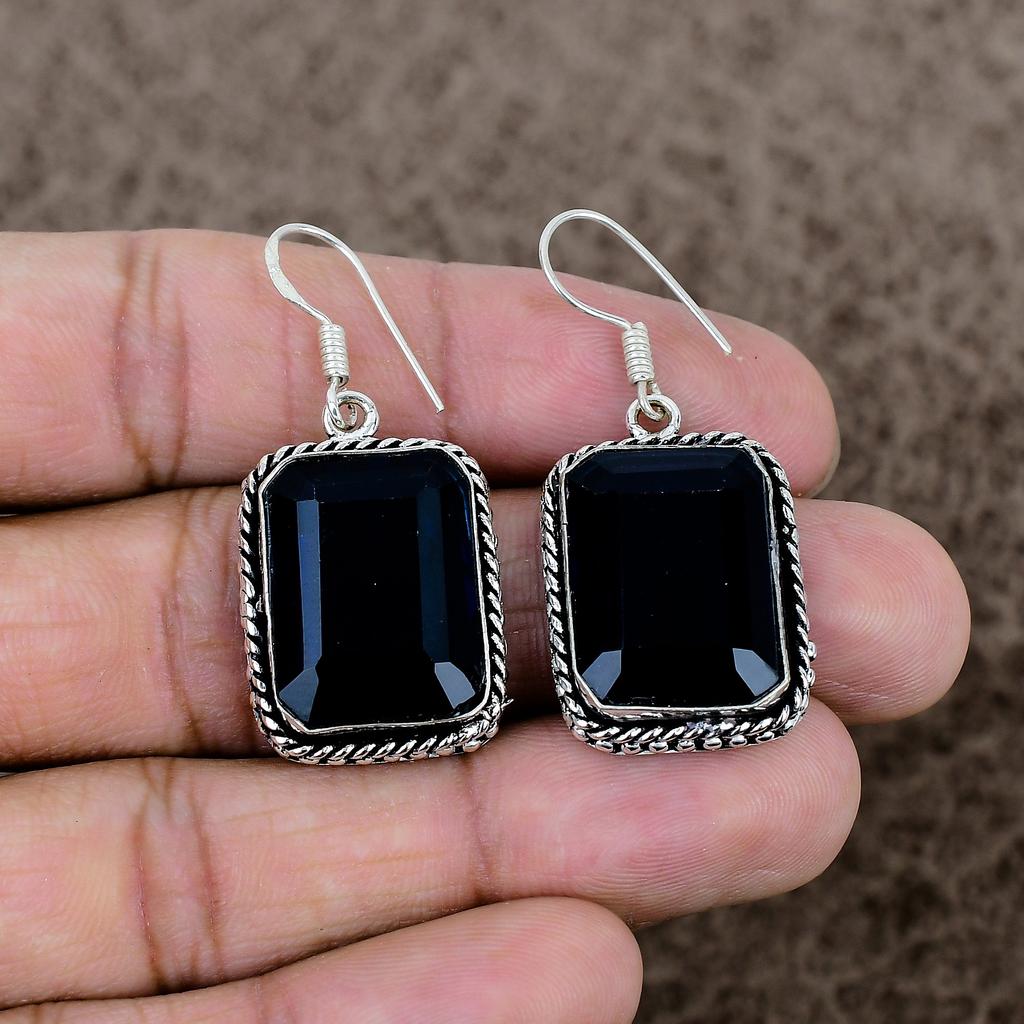 Black Spinel Gemstone Handmade 925 Sterling Silver Jewelry Earring 1.77" KKG-995