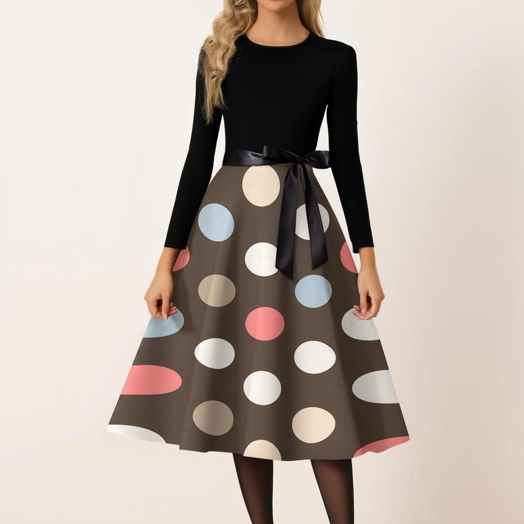 Women’s Casual Long Sleeve Crew Neck Polka Dot Print Vintage Midi Dress with Waist Belt for Everyday and Party Wear
