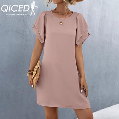 Spring Summer Women's Double-layer Lotus Sleeve O-Neck Short Sleeve Pocket Dress
