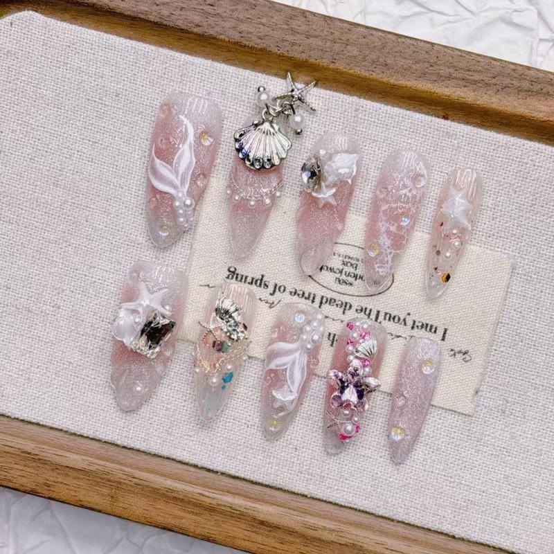 Handmade Long Press-On Nails With Pink Mermaid Tail Design Full Cover False Women Girls
