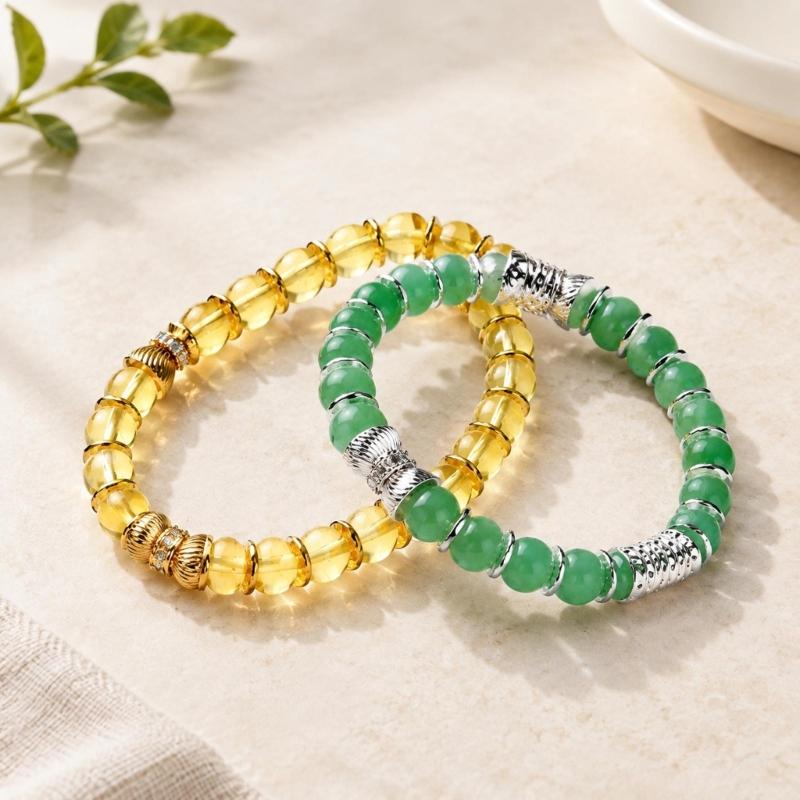 Natural Stone Stretch Bracelet Set, 2 Round Bead Bracelets with Mixed-Tone Spacers for Stacked or Separate Wear