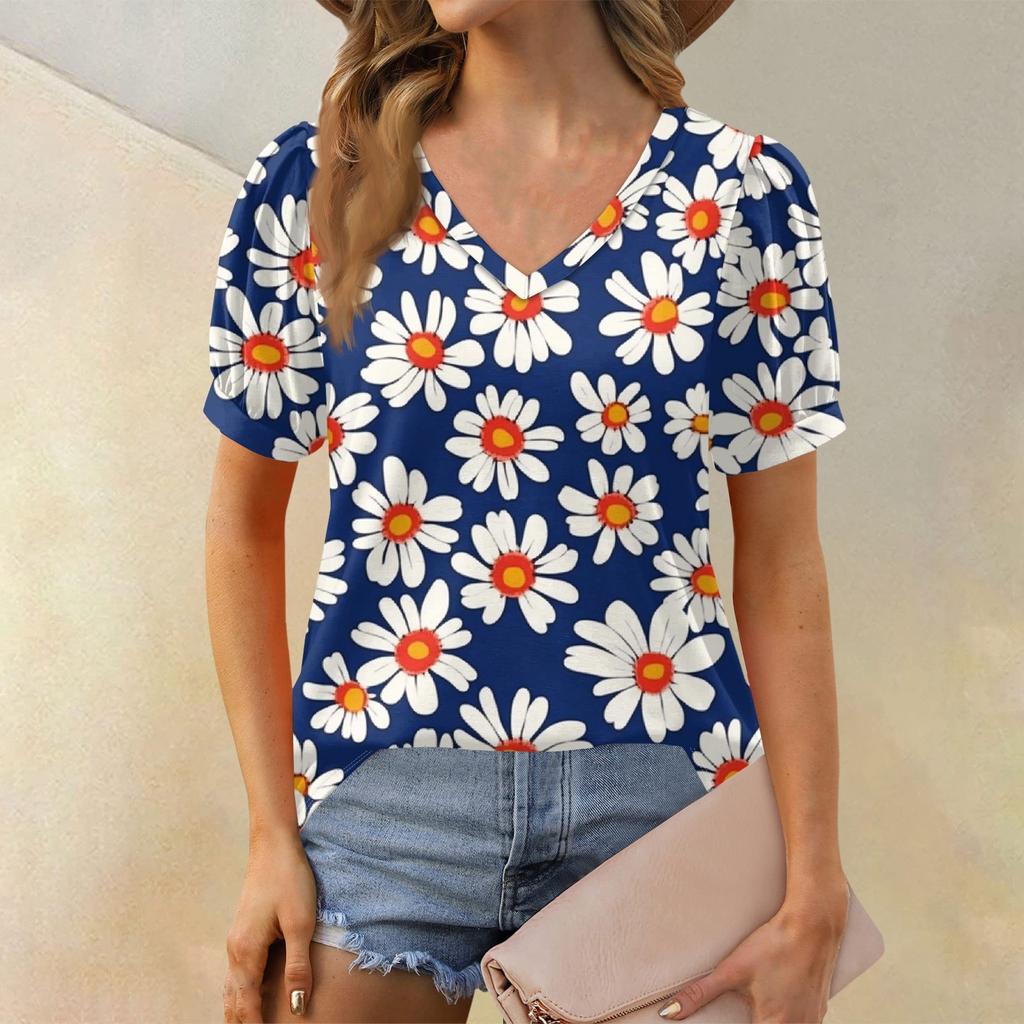 Damenmode Blumendruck Top Puff Kurzarm V-Ausschnitt T-Shirt Lose Casual T-Shirt