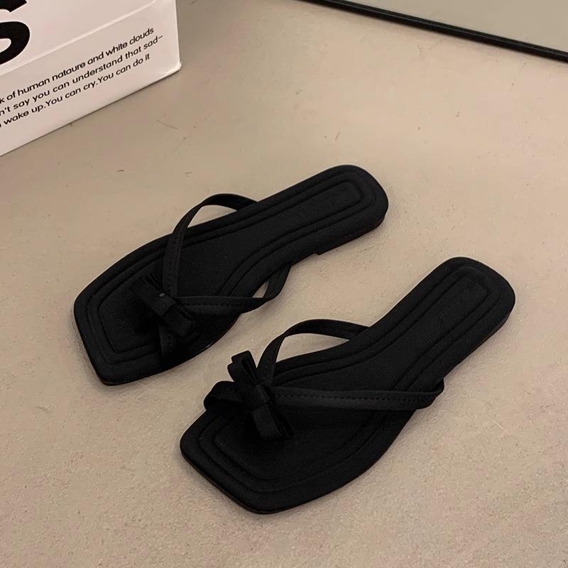 

2025 summer new bow toe flat slippers beach vacation cool slippers wearing flip-flops women 35 чорний