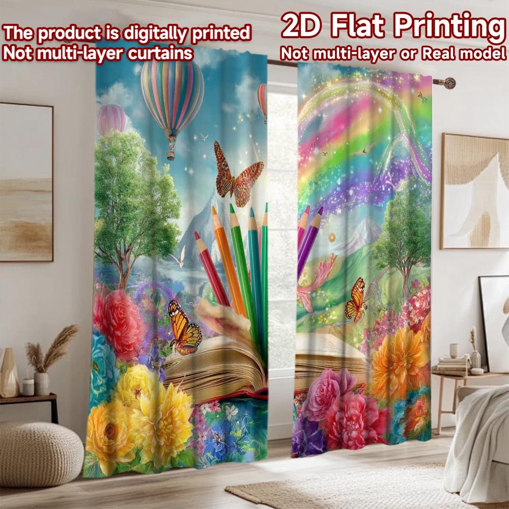 2D flat printing 2pcs Drapes Colorful Book Nature Fantasy Digital Printed Polyester Drapes Festive Holiday Use for Indoor