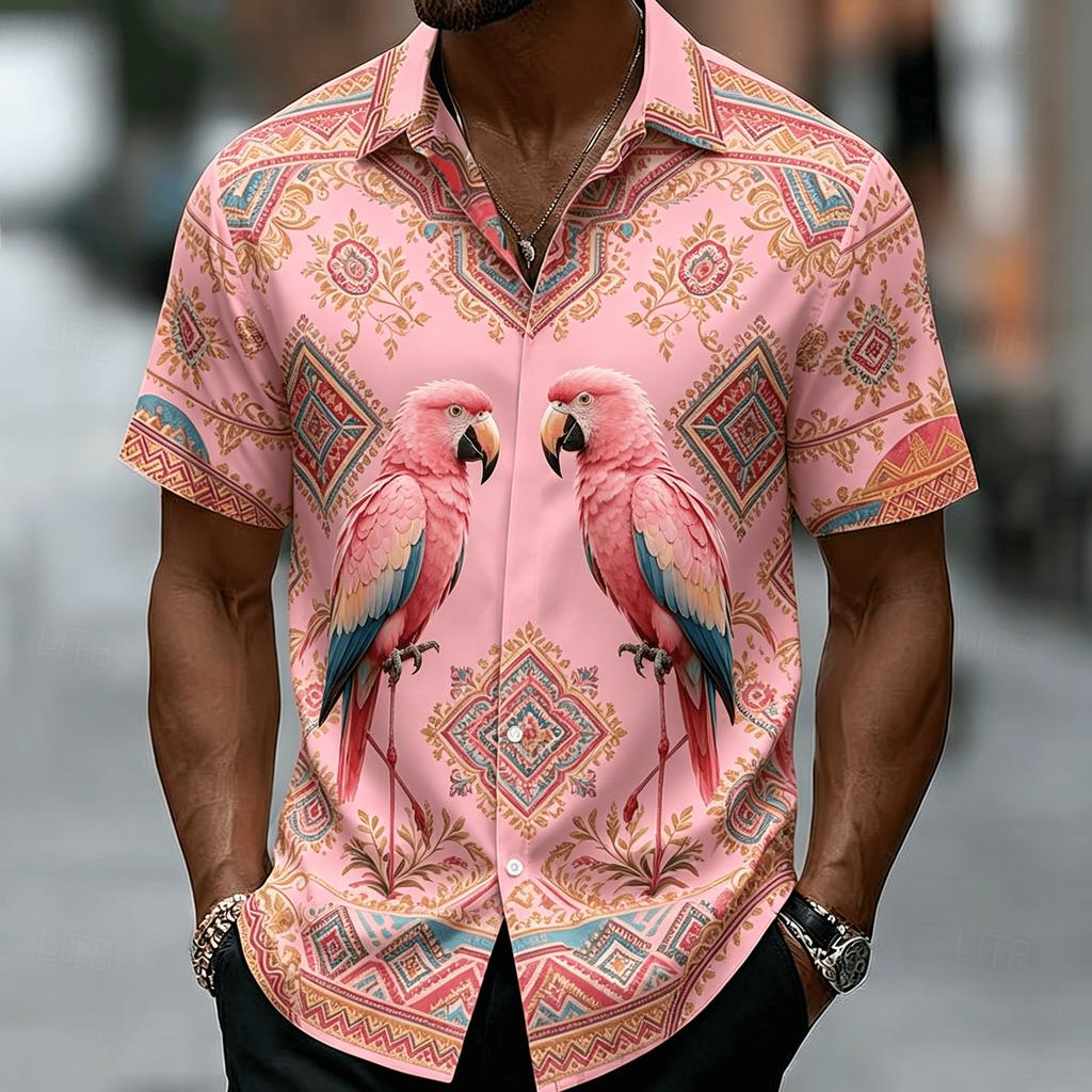 Men's Pink Vintage Tiger Head Print Short Sleeve Shirt, Casual Bohemian Button Up Shirt for Spring & Summer
