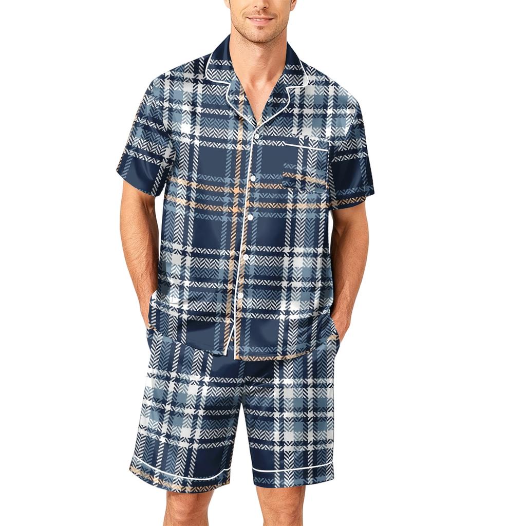 Men's Short Sleeve Button Down Pajama Set with Shorts Soft Casual Sleepwear S To XXXXL Comfortable Lounge Wear