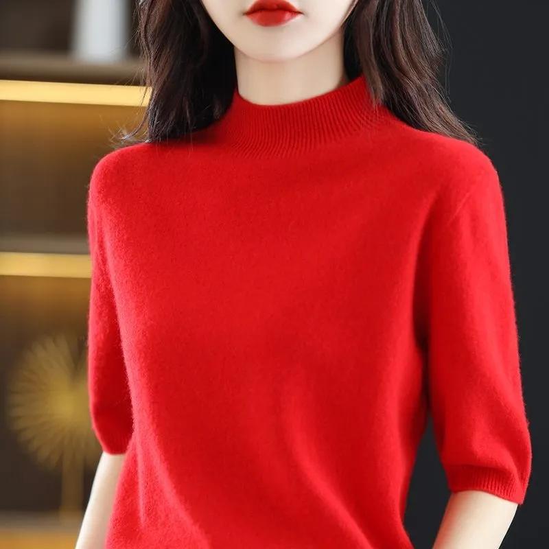 Order A Size Up,Spring/Summer Short Sleeve Sweater Women's Half Turtleneck Short Loose Half Sleeve T-Shirt Versatile Knitted Bottoming Shirt