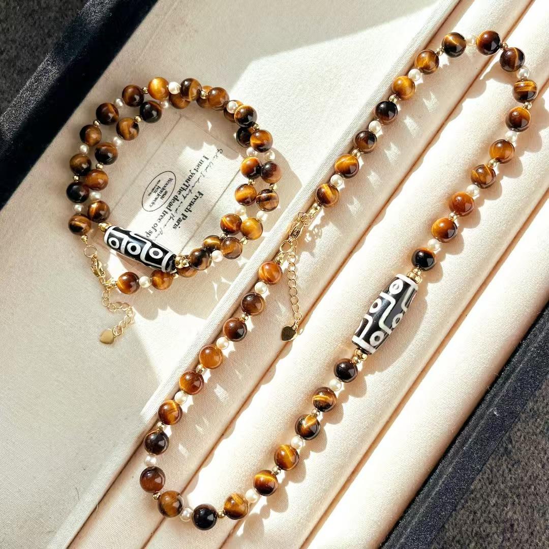 

High Matching Retro Maillard Style Natural Tiger Eye Stone Dzi Bead Collarbone Chain Necklace