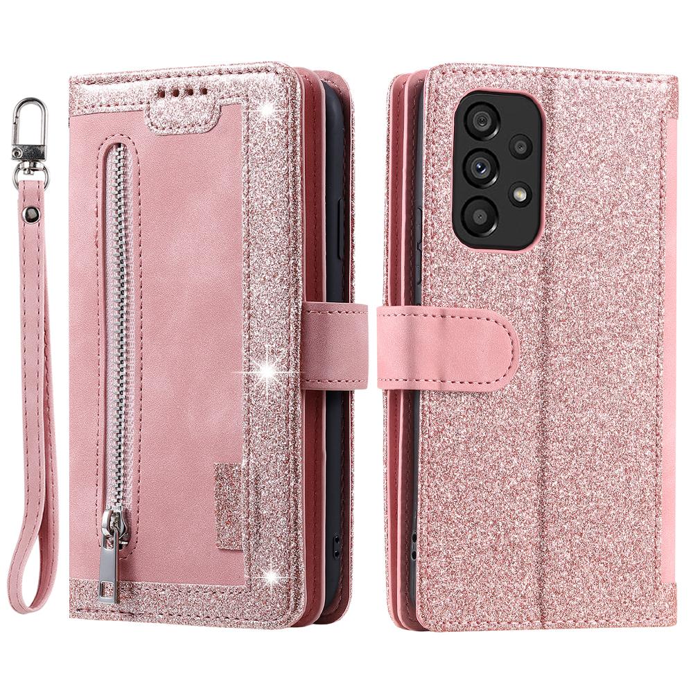 

For Samsung Galaxy A23 4G/A23 5G (Global Version) Zipper Pocket PU Leather Phone Case 9 Card Slots Protective Cover Rose Gold