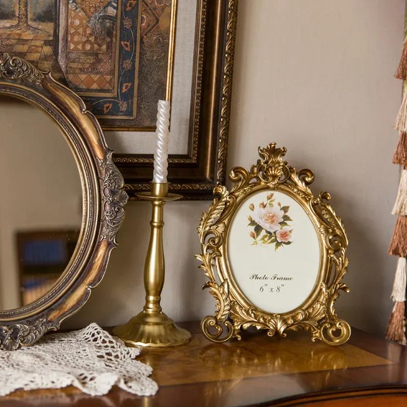 Retro Gold Oval Resin Photo Frame – Desktop Decor for Weddings, Parties & Home, Craft Gift (WY72413)