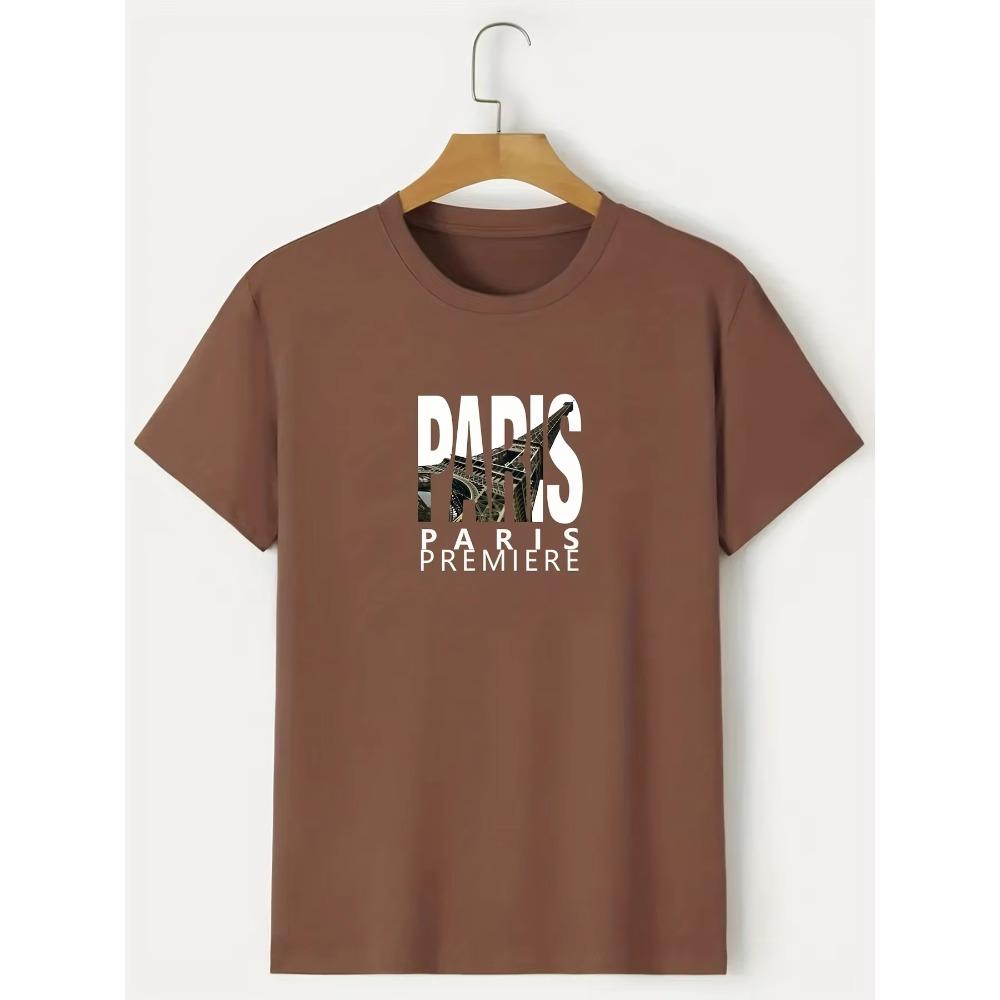 Eiffel Graphic T-shirt, Men's Casual Solid Color Slightly Stretch Round Neck Tee For Spring Summer