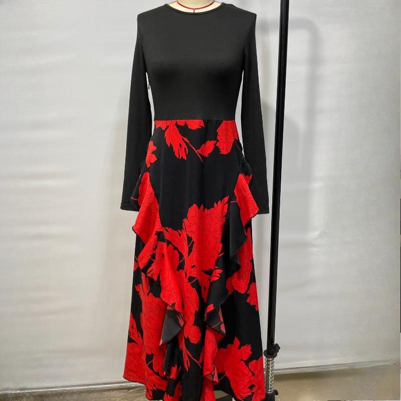 Rochie Casual Elegantă Slim cu Mâneci Lungi de Primăvară pentru Femei, Modă Toamnă, Imprimeu Îmbinat, Rochii Lungi Vintage pentru Femei, Talie Înaltă, Linie A, Rochie Sexy de Petrecere 25943