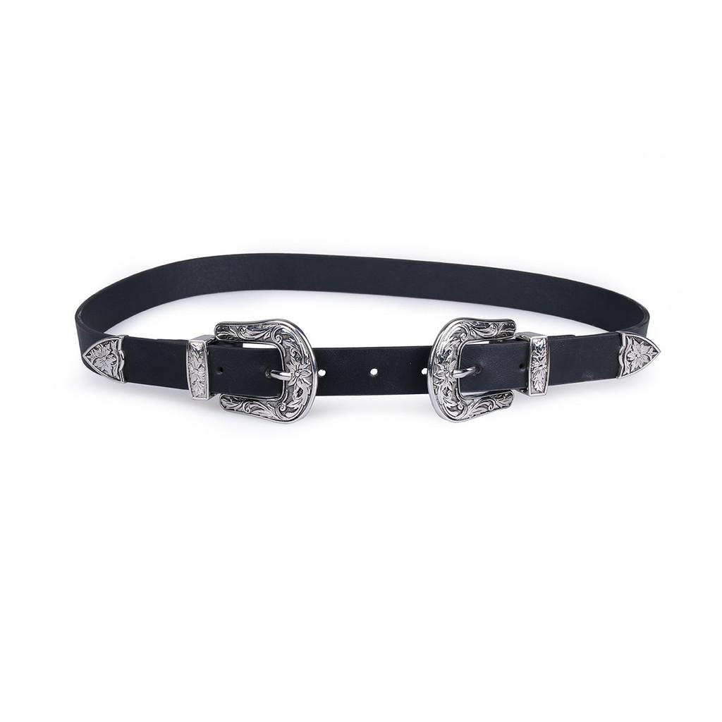 Button Double Women Faux Leather Belt With Floral Decor For Office Wears Casual