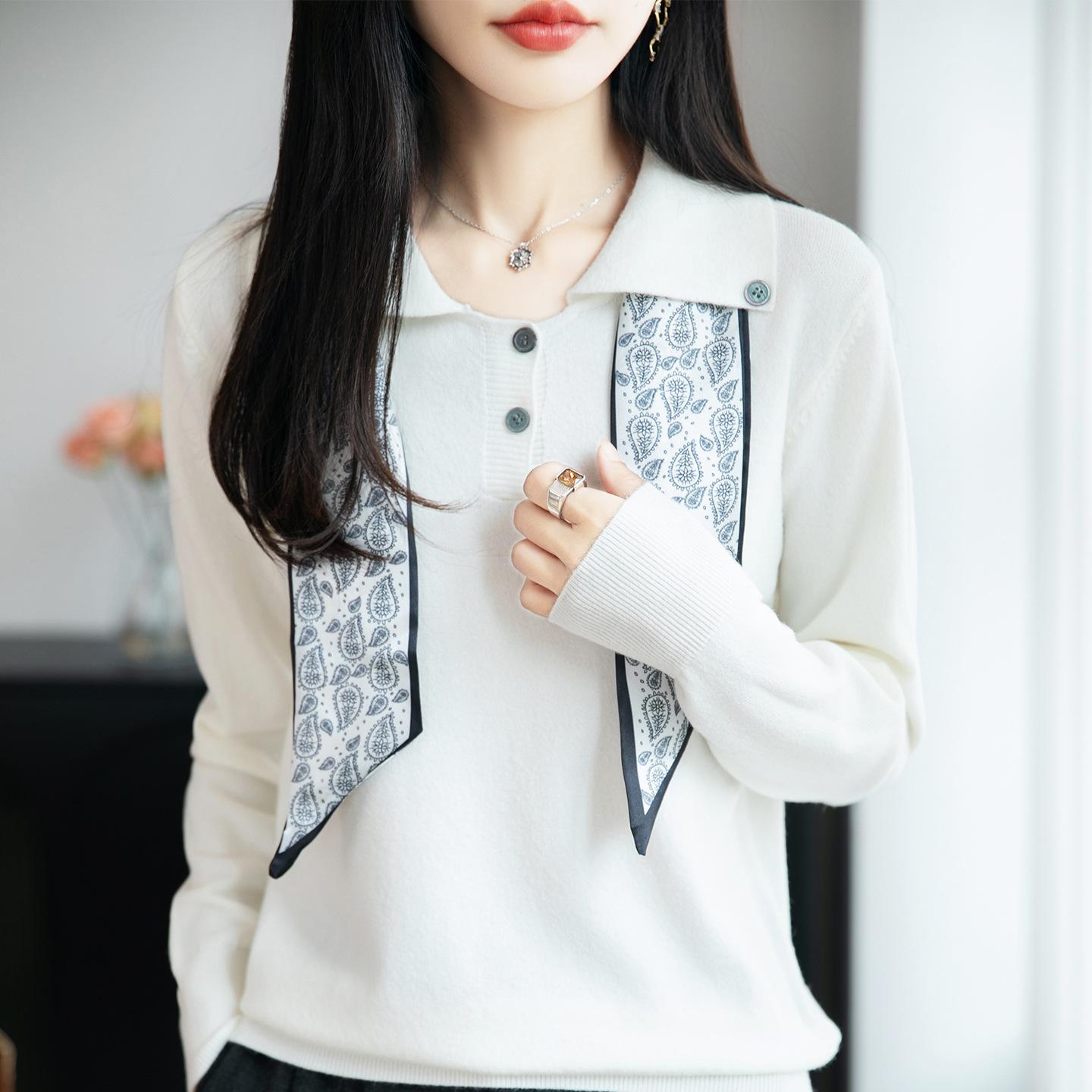 

Light Luxury Polo Collar Silk Scarf Knitted Sweater, Long-sleeved Sweater, Women s Autumn and Winter Fashionable Loose and Casual Lapel Top XXL бежевый